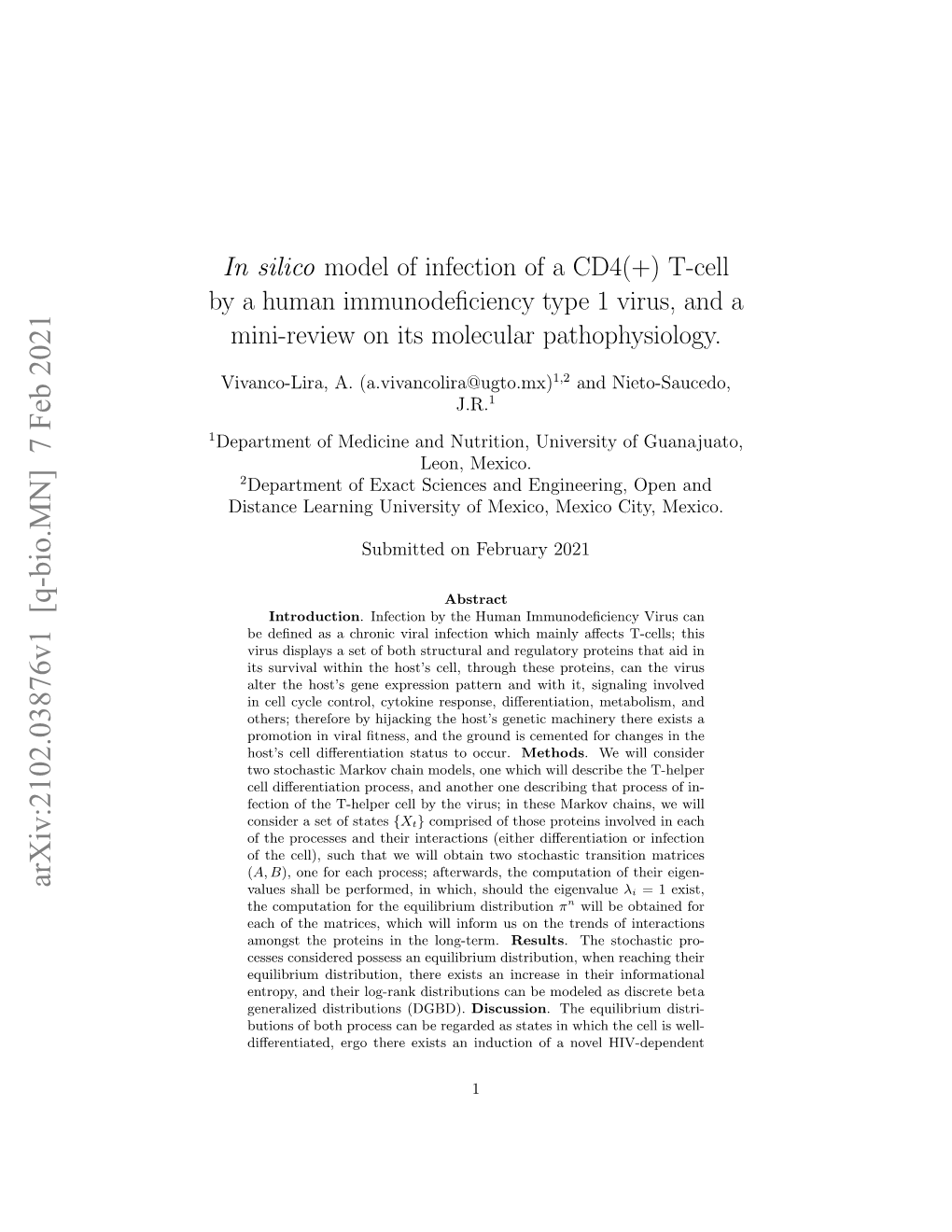 In Silico Model of Infection of a CD4 (+) T-Cell by a Human Immunodeficiency Type 1 Virus, and a Mini-Review on Its Molecular Pathophysiology