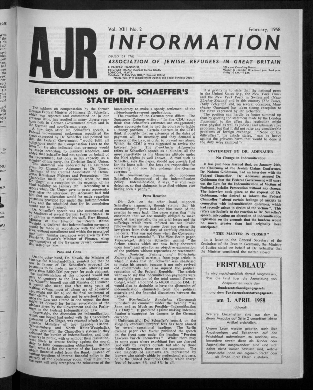 Information Issued by the Association of Jewish Refugees in Great Britain 8 Fairfax Mansions