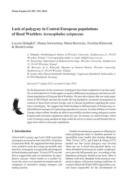 Lack of Polygyny in Central European Populations of Reed Warblers Acrocephalus Scirpaceus