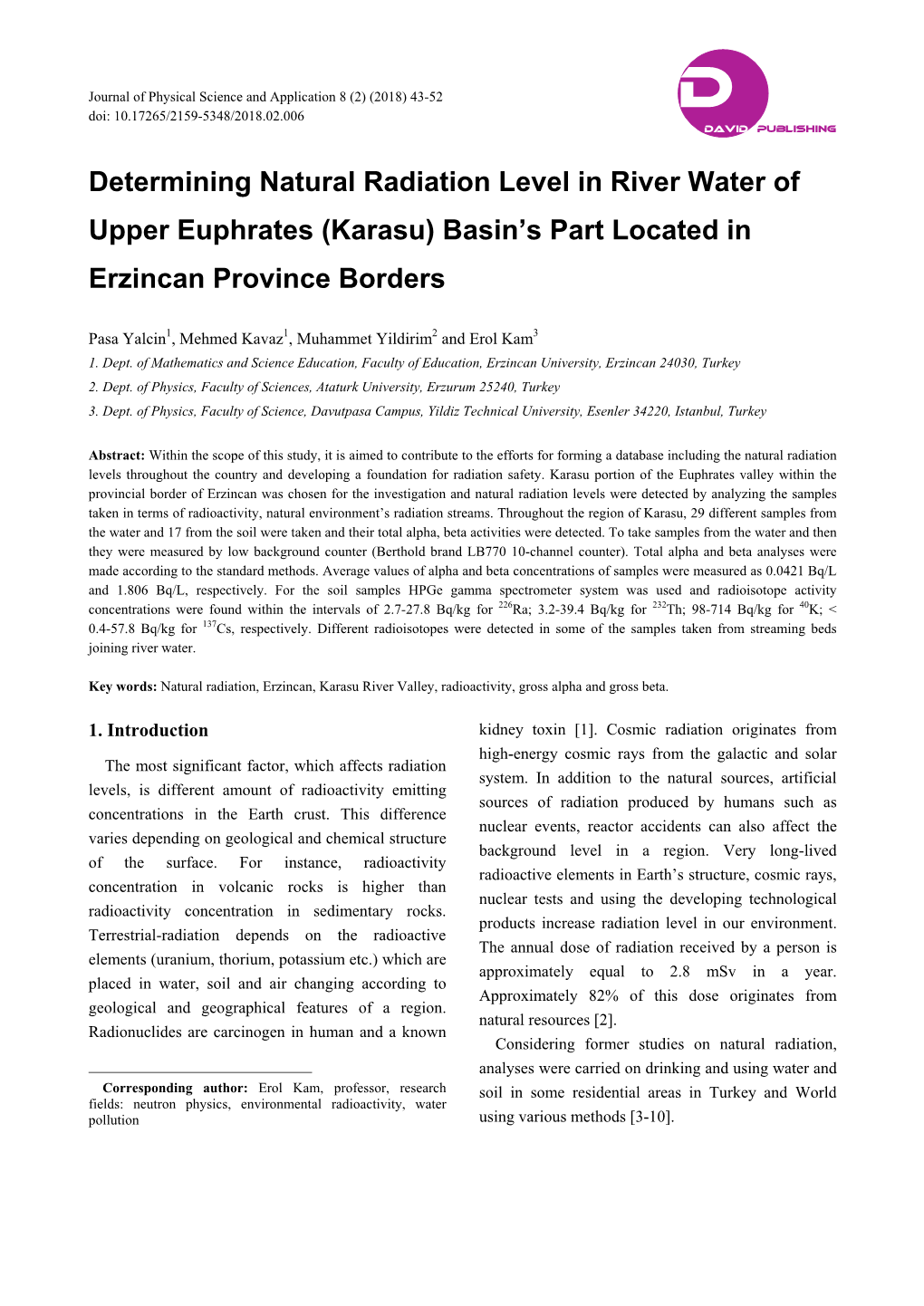 Determining Natural Radiation Level in River Water of Upper Euphrates (Karasu) Basin’S Part Located in Erzincan Province Borders