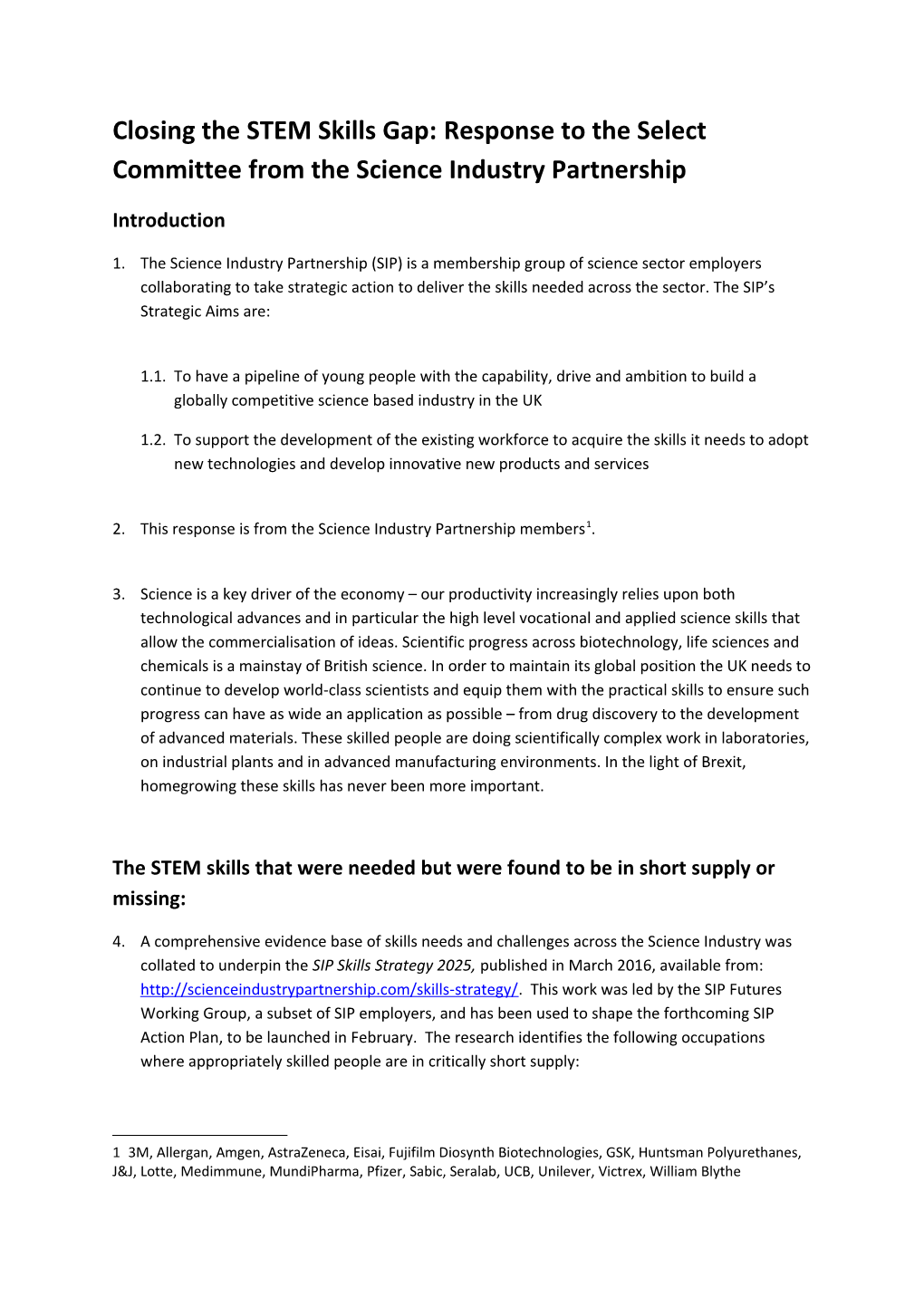 Closing the STEM Skills Gap: Response to the Select Committee from the Science Industry