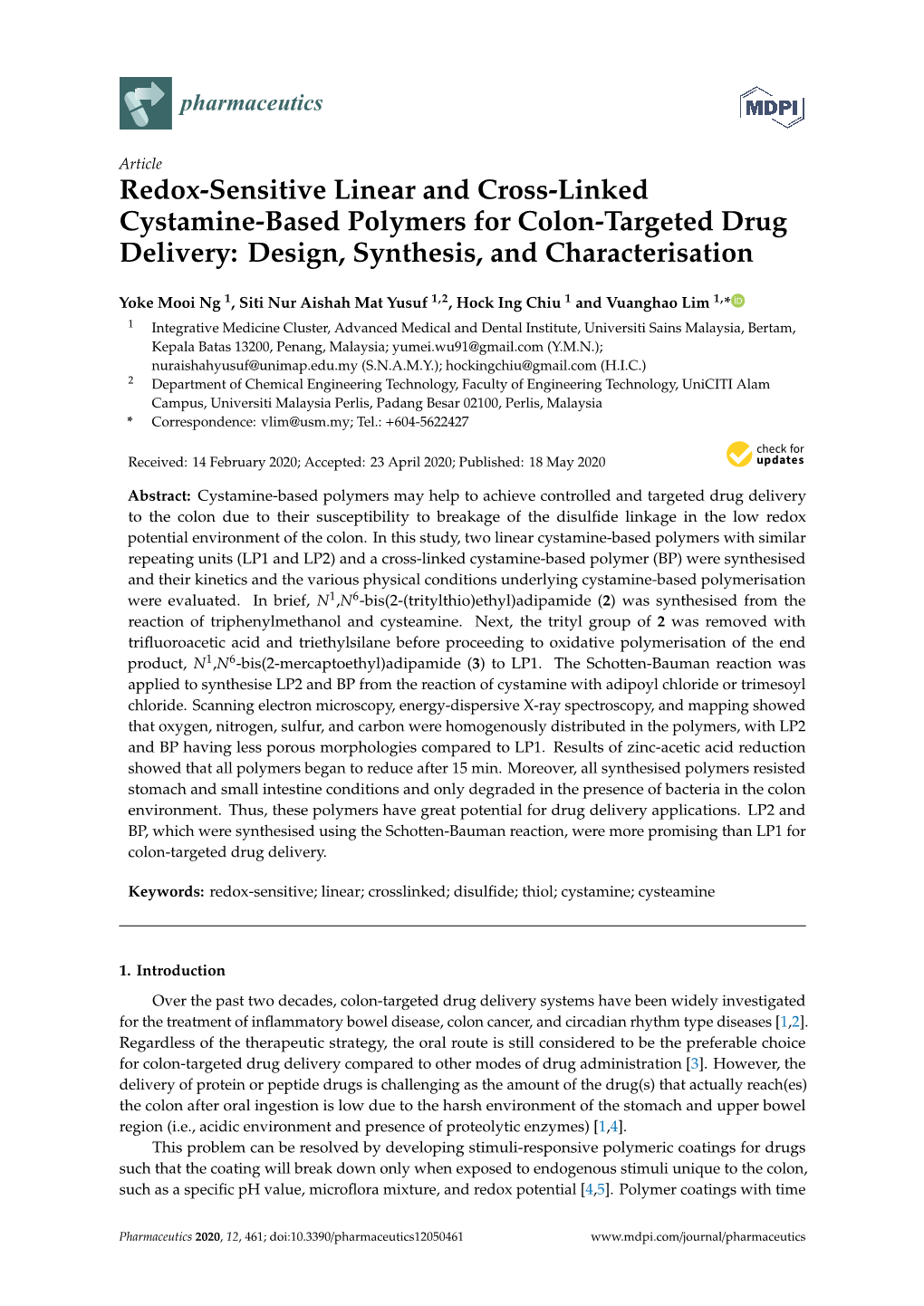 Redox-Sensitive Linear and Cross-Linked Cystamine-Based Polymers for Colon-Targeted Drug Delivery: Design, Synthesis, and Characterisation
