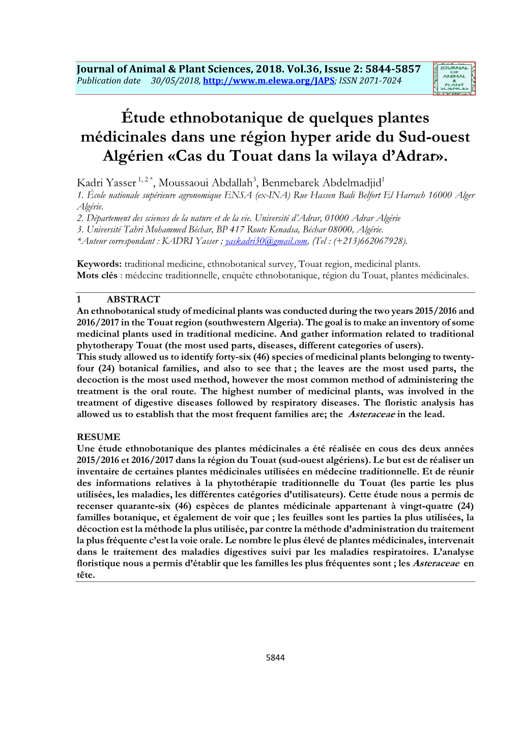 Étude Ethnobotanique De Quelques Plantes Médicinales Dans Une Région Hyper Aride Du Sud-Ouest Algérien «Cas Du Touat Dans La Wilaya D’Adrar»