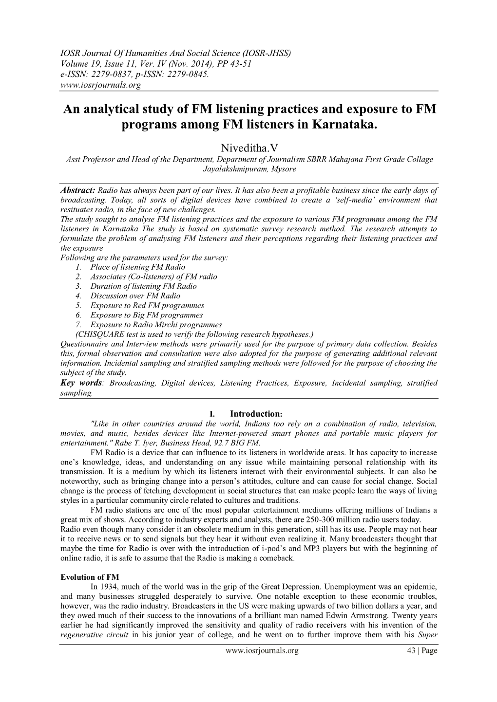 An Analytical Study of FM Listening Practices and Exposure to FM Programs Among FM Listeners in Karnataka