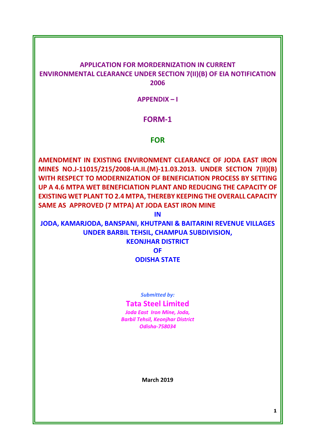 FORM-1 for Tata Steel Limited