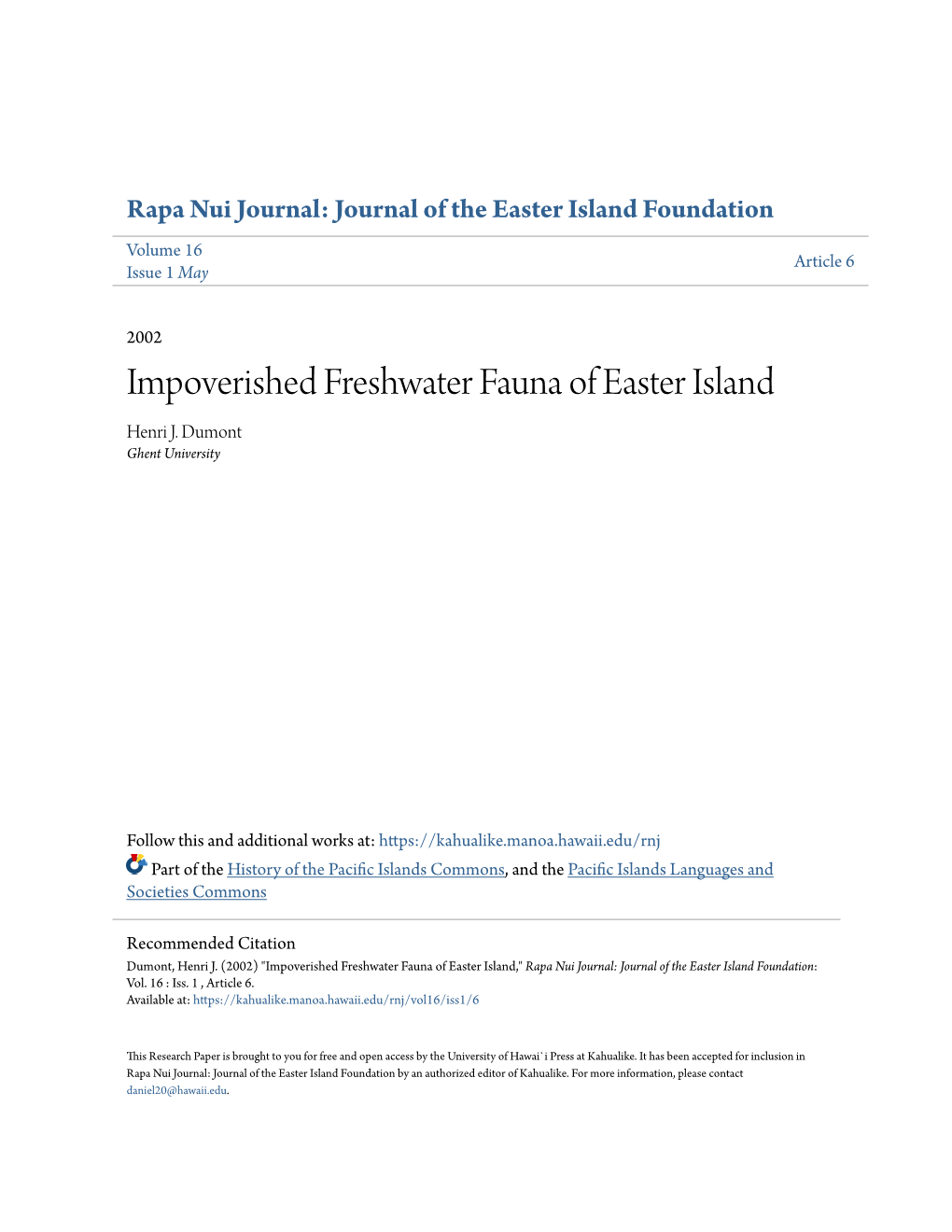 Impoverished Freshwater Fauna of Easter Island Henri J