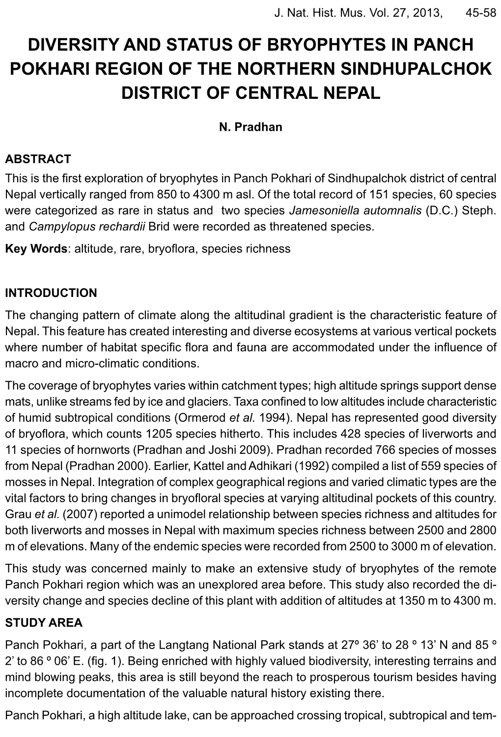 Diversity and Status of Bryophytes in Panch Pokhari Region of the Northern Sindhupalchok District of Central Nepal