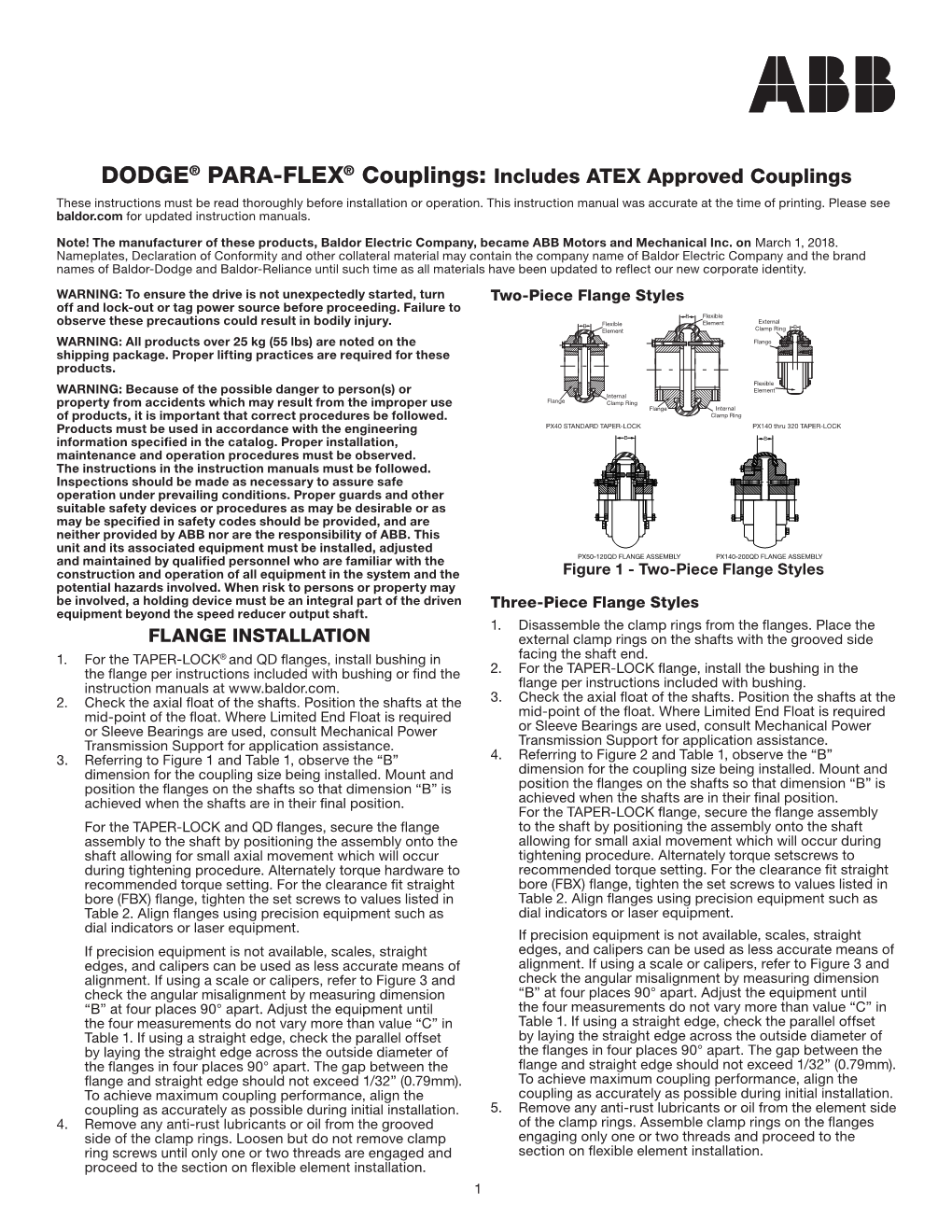 DODGE® PARA-FLEX® Couplings: Includes ATEX Approved Couplings These Instructions Must Be Read Thoroughly Before Installation Or Operation