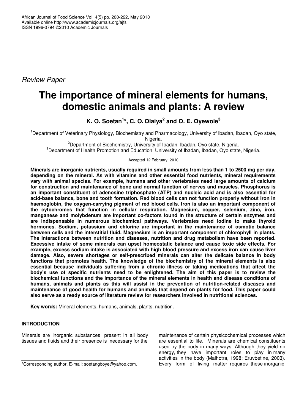 The Importance of Mineral Elements for Humans, Domestic Animals and Plants: a Review