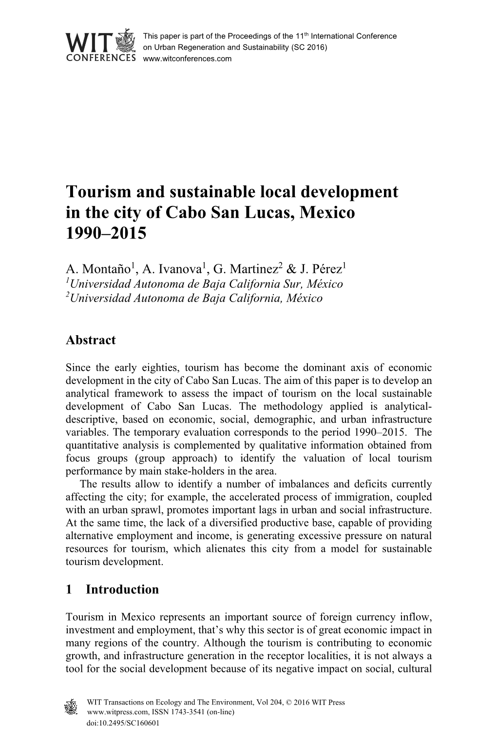 Tourism and Sustainable Local Development in the City of Cabo San Lucas, Mexico 1990–2015