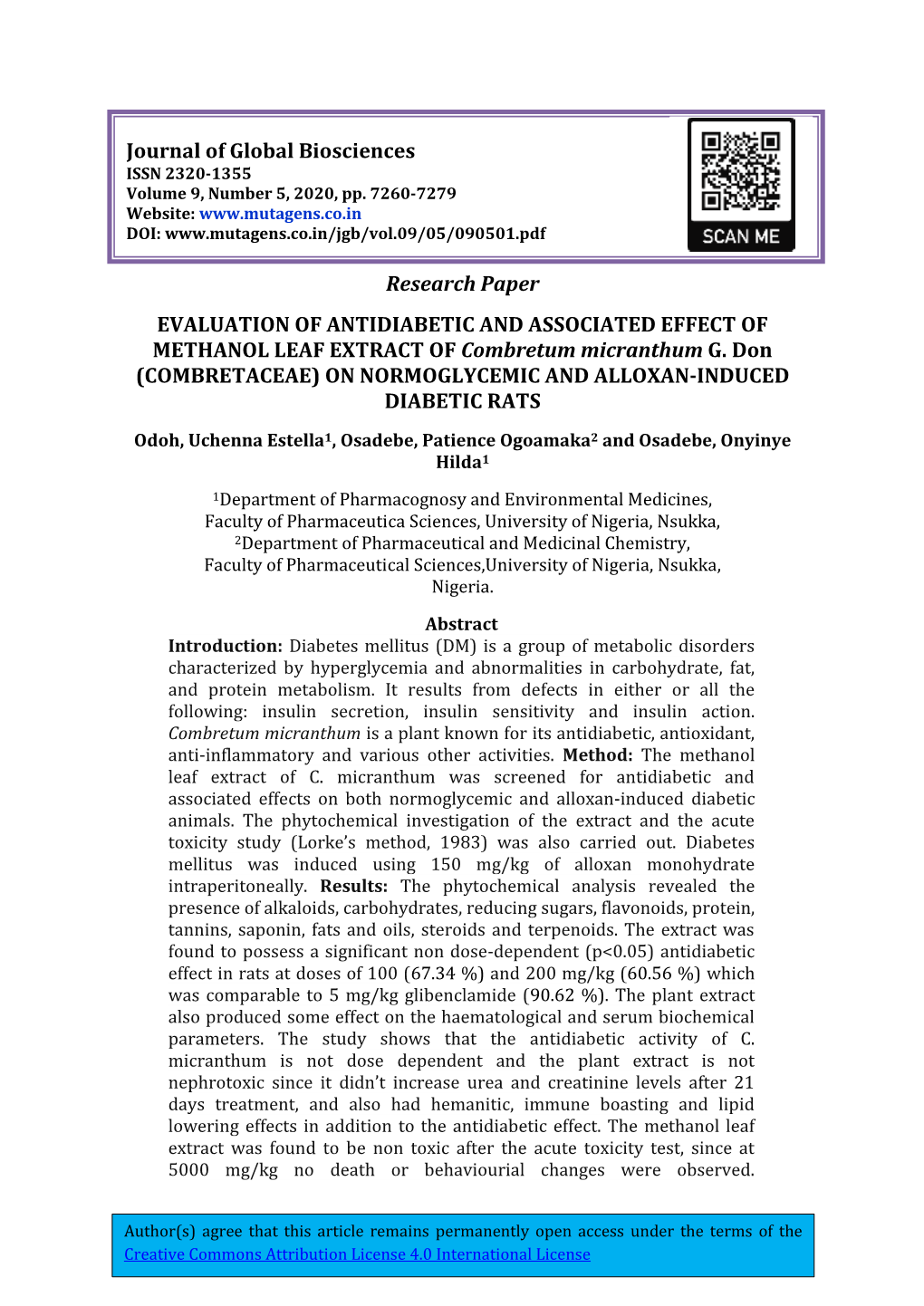 Research Paper EVALUATION of ANTIDIABETIC and ASSOCIATED EFFECT of METHANOL LEAF EXTRACT of Combretum Micranthum G