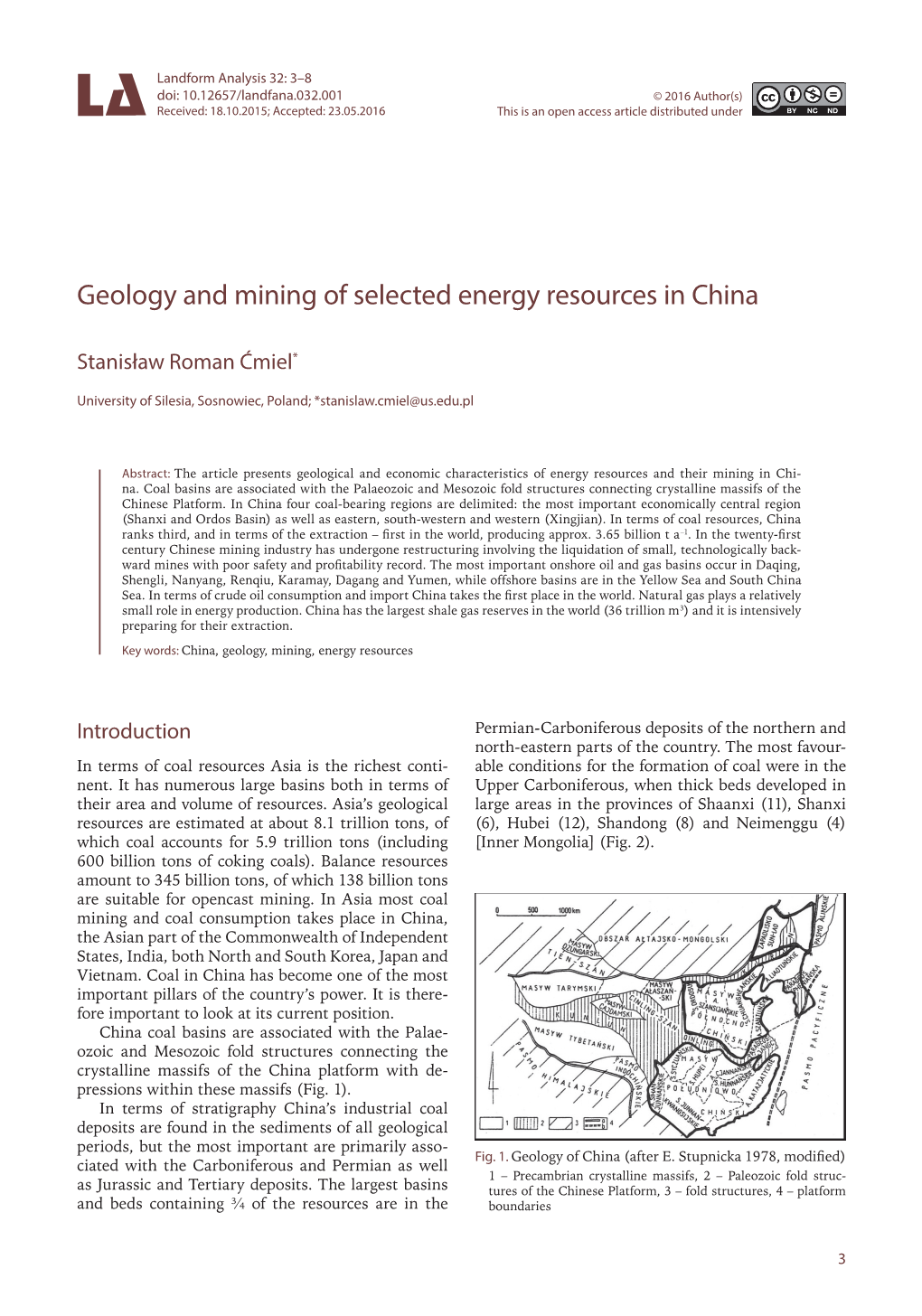 Geology and Mining of Selected Energy Resources in China