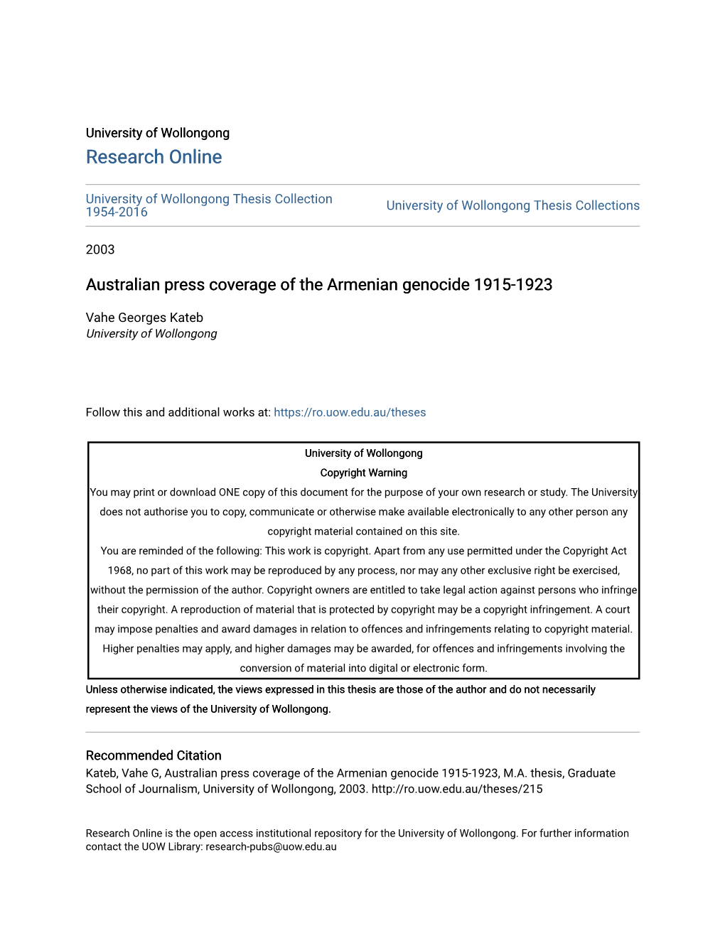 Australian Press Coverage of the Armenian Genocide 1915-1923