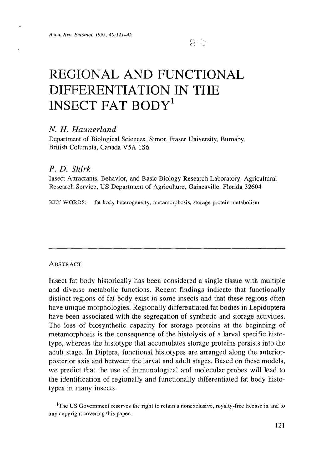 Regional and Functional Differentiation in the Insect Fat Body'