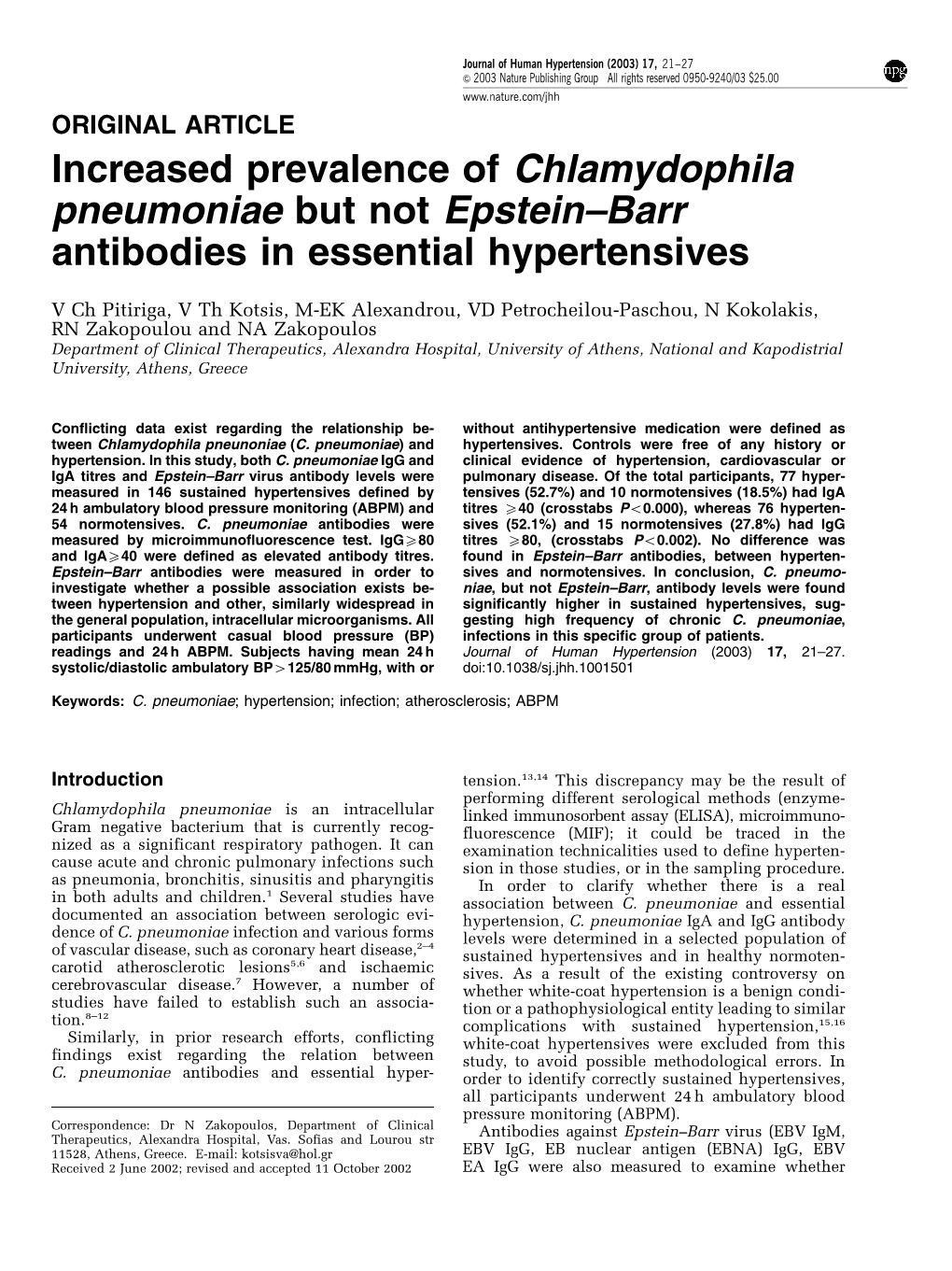 Increased Prevalence of Chlamydophila Pneumoniae but Not Epstein–Barr Antibodies in Essential Hypertensives