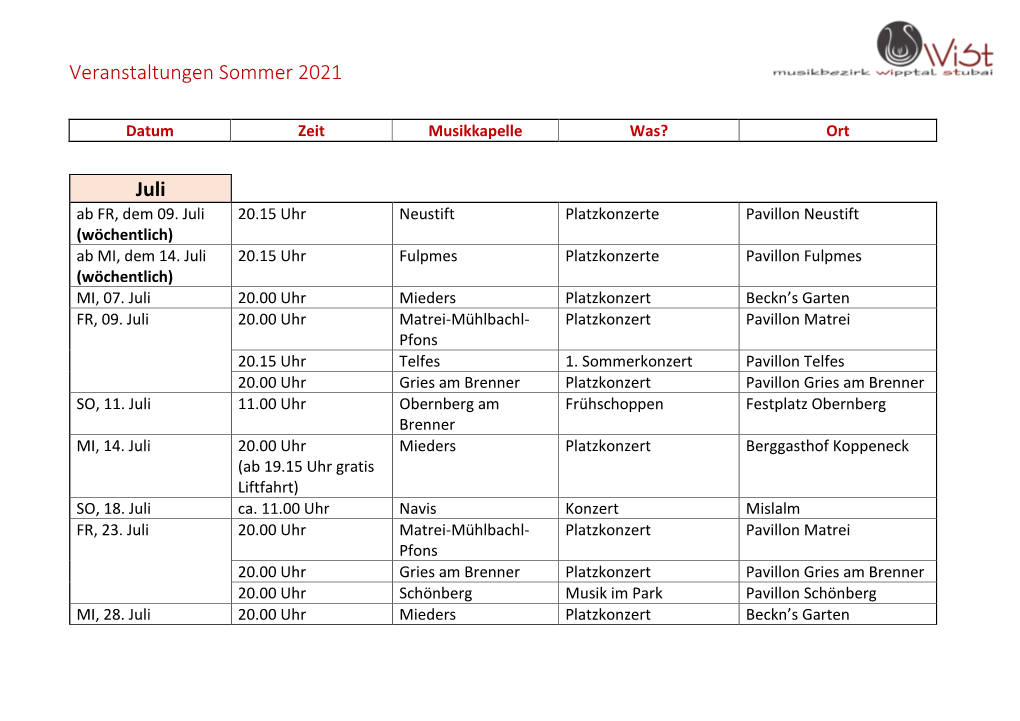 Veranstaltungen Sommer 2021 Juli