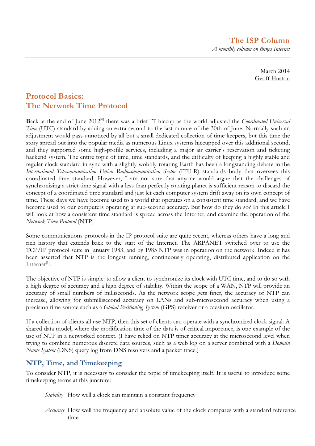 The ISP Column Protocol Basics: the Network Time Protocol
