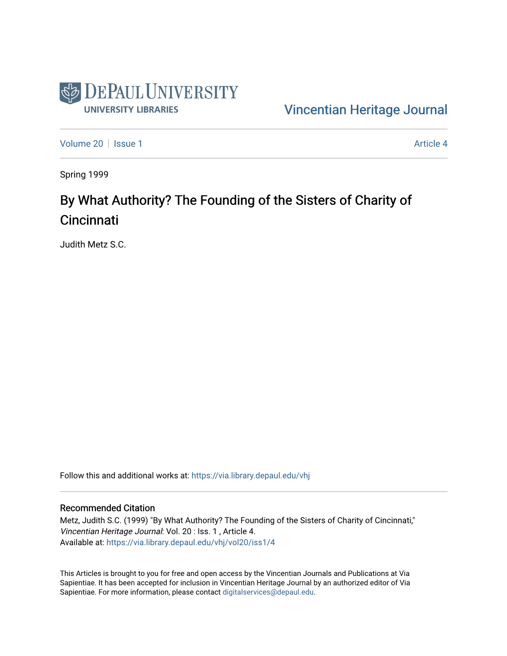 By What Authority? the Founding of the Sisters of Charity of Cincinnati