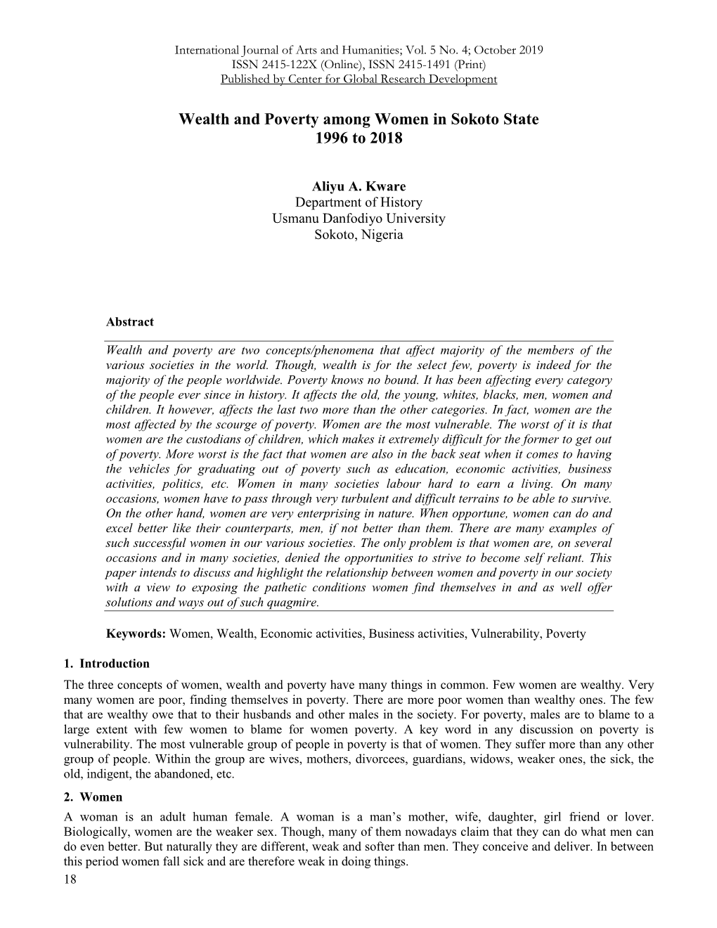 Wealth and Poverty Among Women in Sokoto State 1996 to 2018