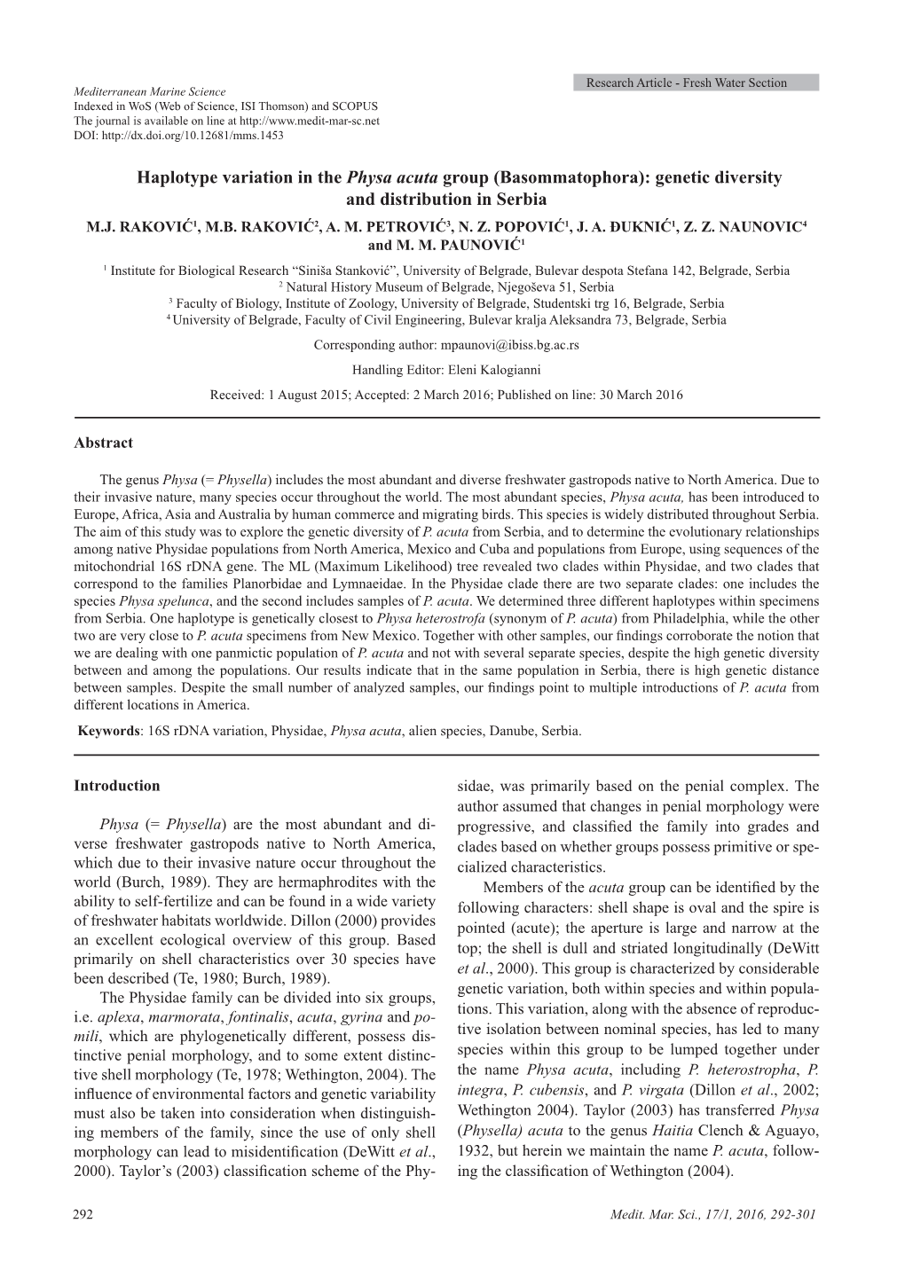 Haplotype Variation in the Physa Acuta Group (Basommatophora): Genetic Diversity and Distribution in Serbia M.J