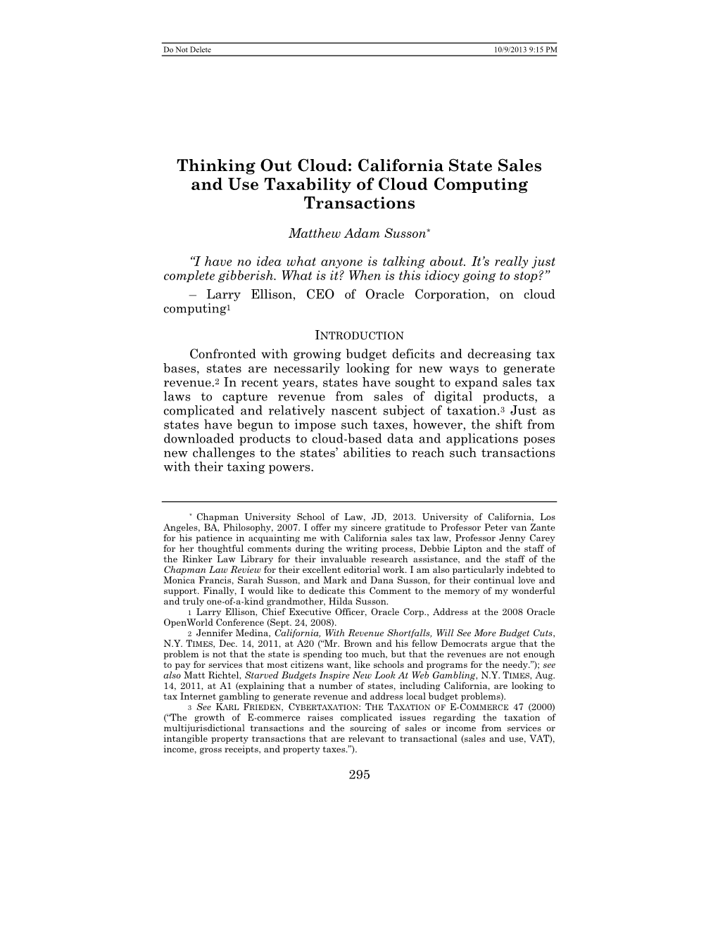 California State Sales and Use Taxability of Cloud Computing Transactions