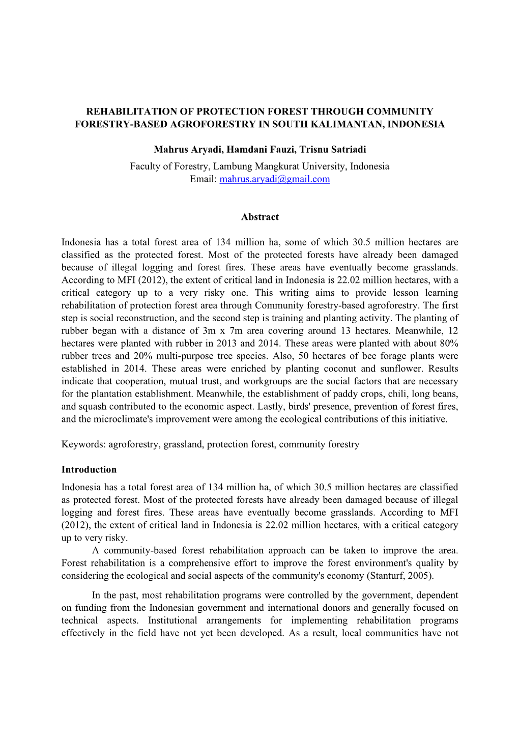 Rehabilitation of Protection Forest Through Community Forestry-Based Agroforestry in South Kalimantan, Indonesia