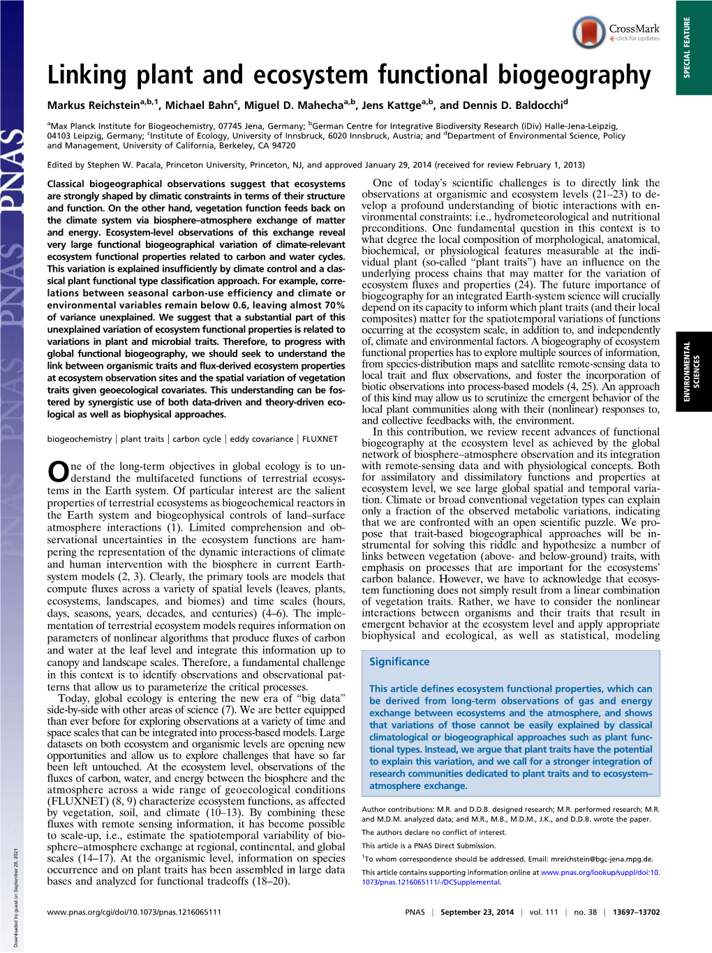 Linking Plant and Ecosystem Functional Biogeography SPECIAL FEATURE