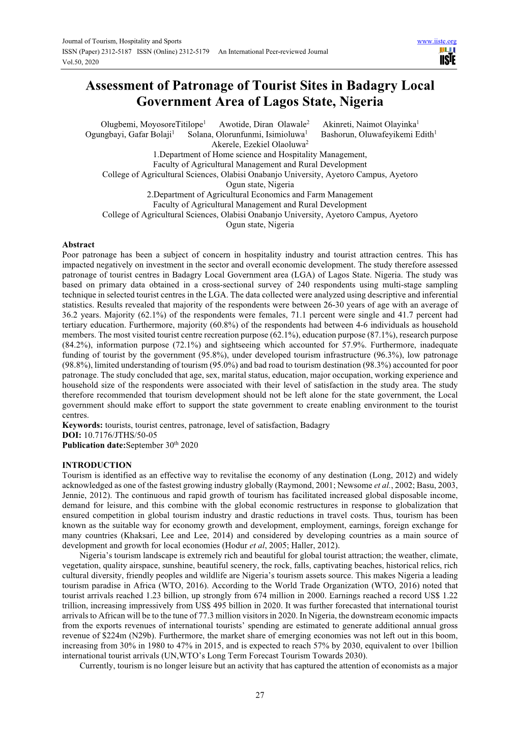 Assessment of Patronage of Tourist Sites in Badagry Local Government Area of Lagos State, Nigeria