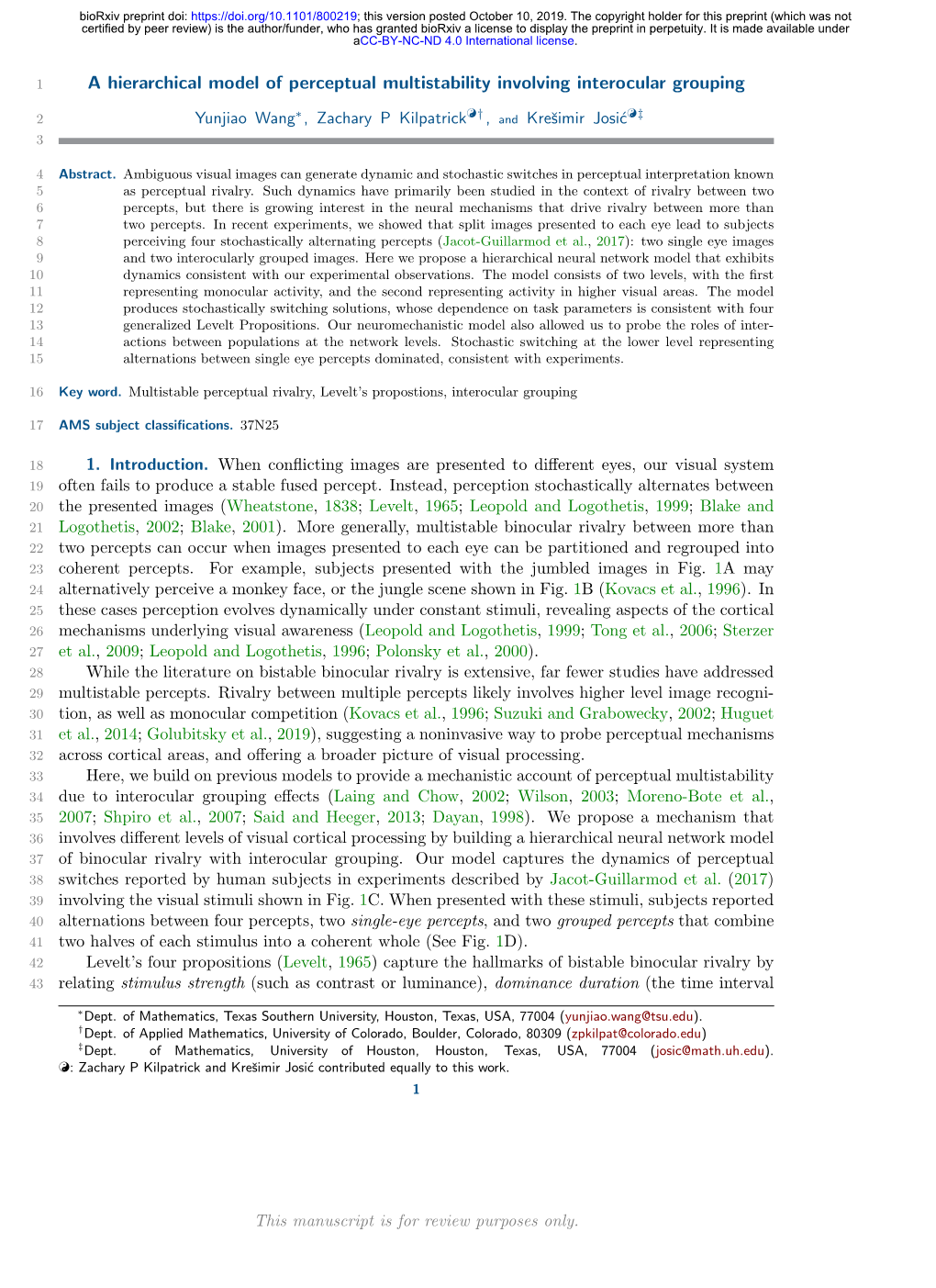 A Hierarchical Model of Perceptual Multistability Involving Interocular Grouping