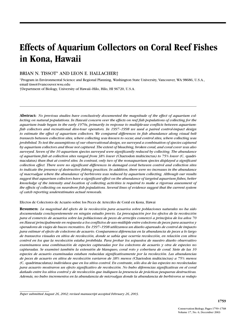 Effects of Aquarium Collectors on Coral Reef Fishes in Kona, Hawaii