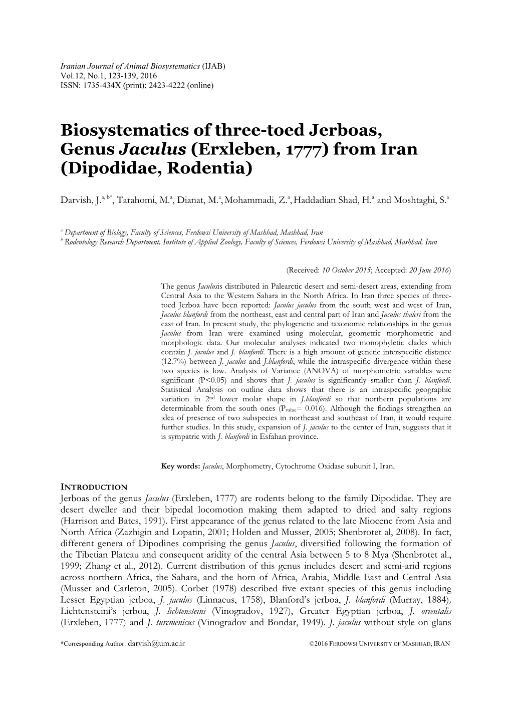 Biosystematics of Three-Toed Jerboas, Genus Jaculus (Erxleben, 1777) from Iran (Dipodidae, Rodentia)