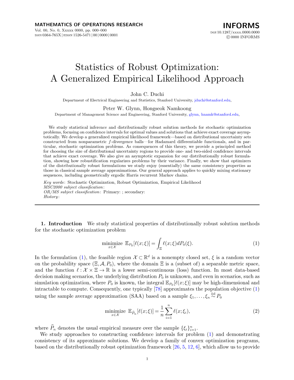 Statistics of Robust Optimization: a Generalized Empirical Likelihood Approach