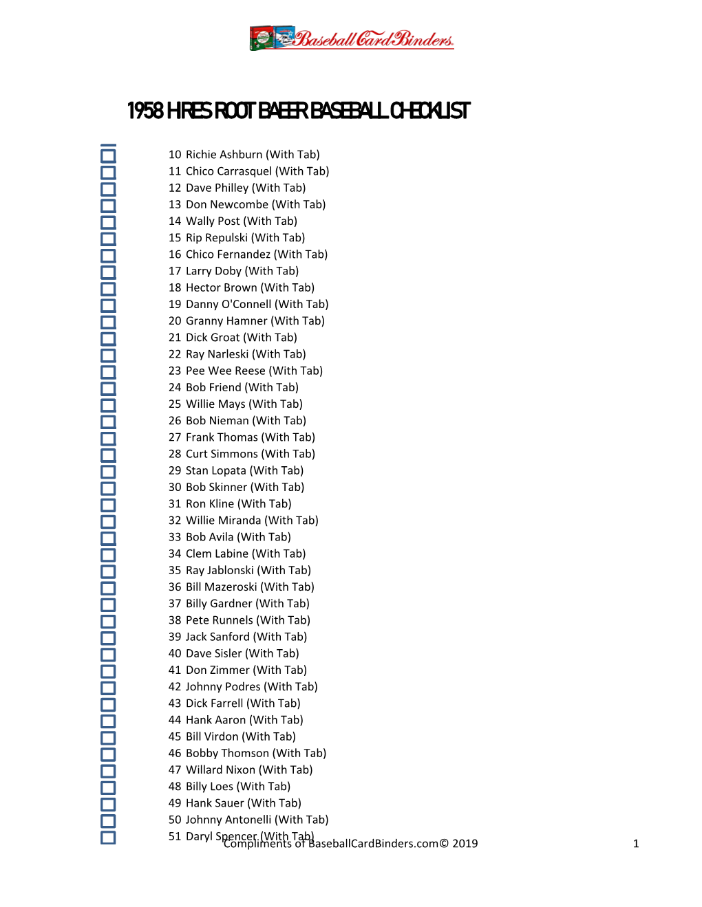 1958 Hires Root Baeer Baseball Checklist