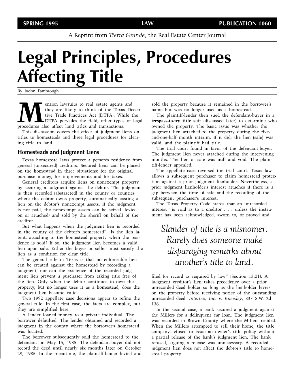 Legal Principles, Procedures Affecting Title by Judon Fambrough