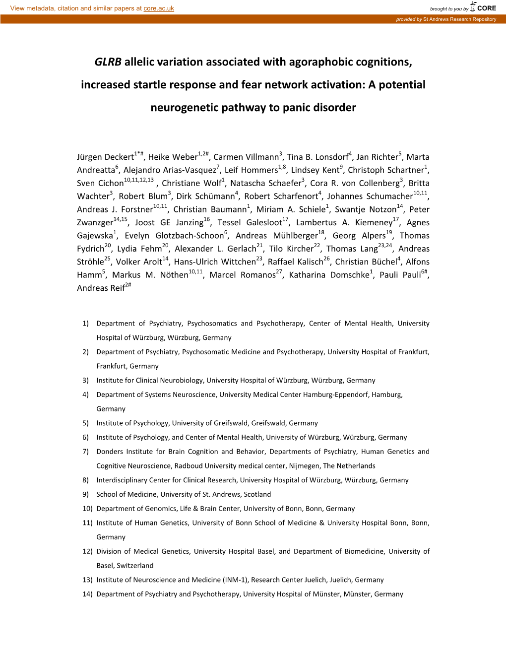 GLRB Allelic Variation Associated with Agoraphobic Cognitions, Increased Startle Response and Fear Network Activation