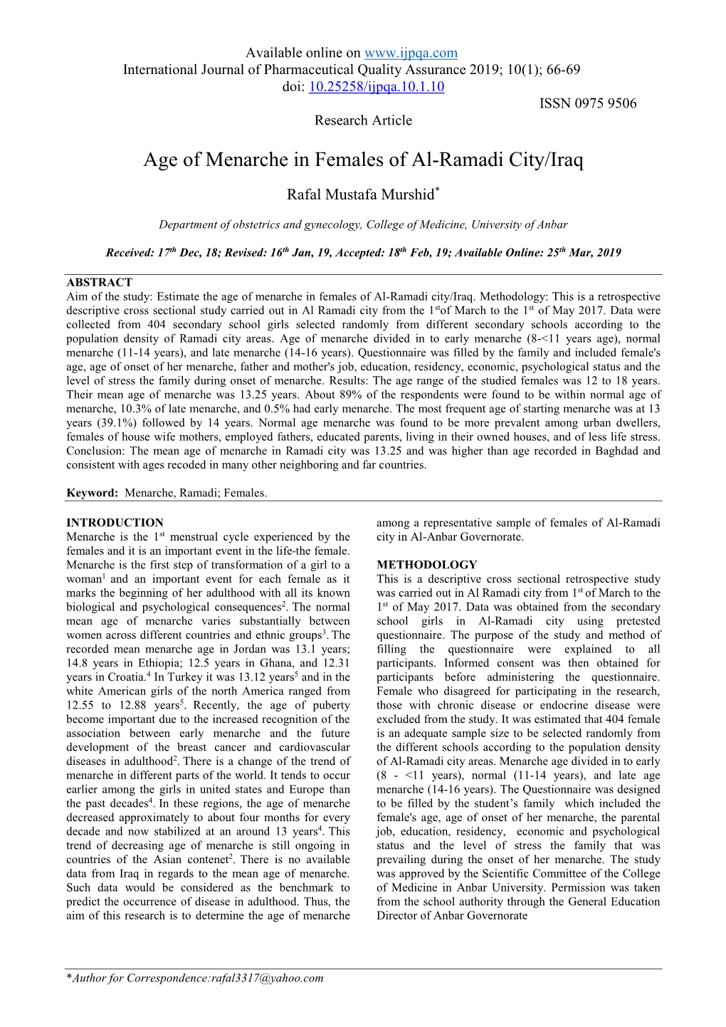 Age of Menarche in Females of Al-Ramadi City/Iraq