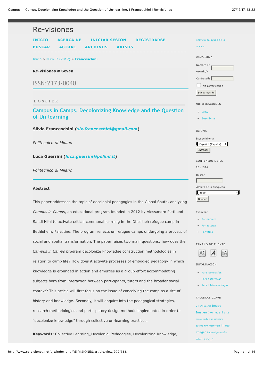 Campus in Camps. Decolonizing Knowledge and the Question of Un-Learning. | Franceschini | Re-Visiones 27/12/17, 13:22