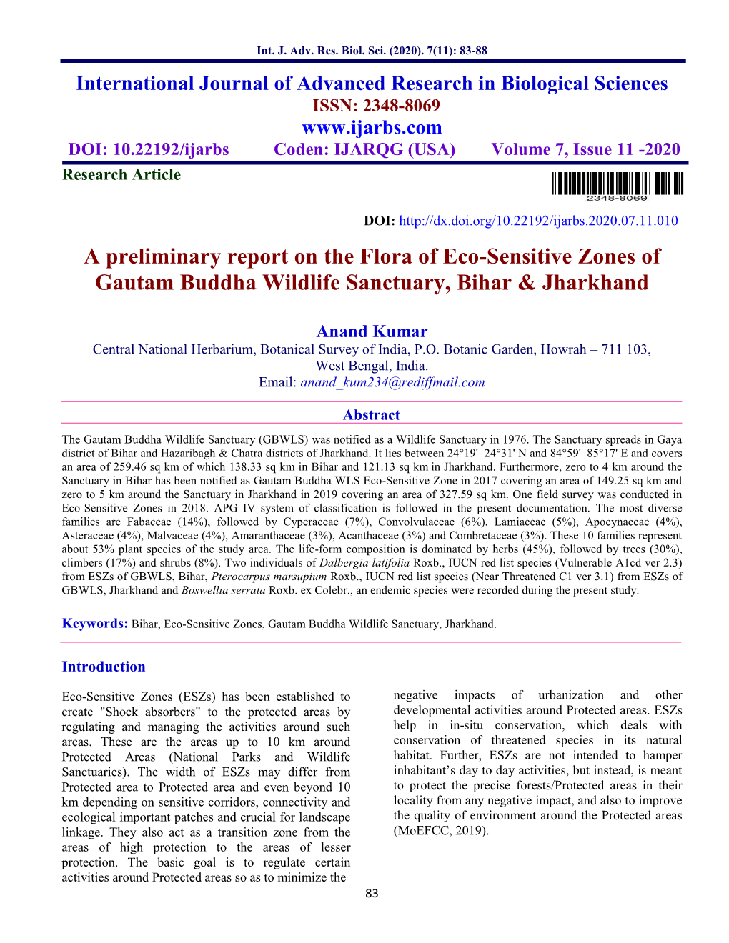 A Preliminary Report on the Flora of Eco-Sensitive Zones of Gautam Buddha Wildlife Sanctuary, Bihar & Jharkhand