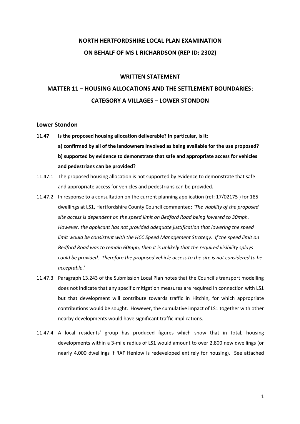 North Hertfordshire Local Plan Examination on Behalf of Ms L Richardson (Rep Id: 2302)