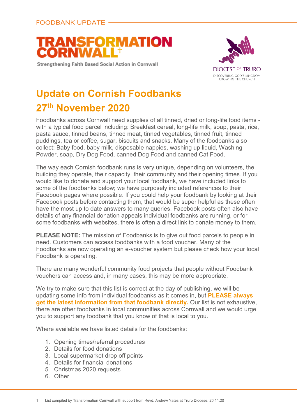 Update on Cornish Foodbanks 27Th November 2020
