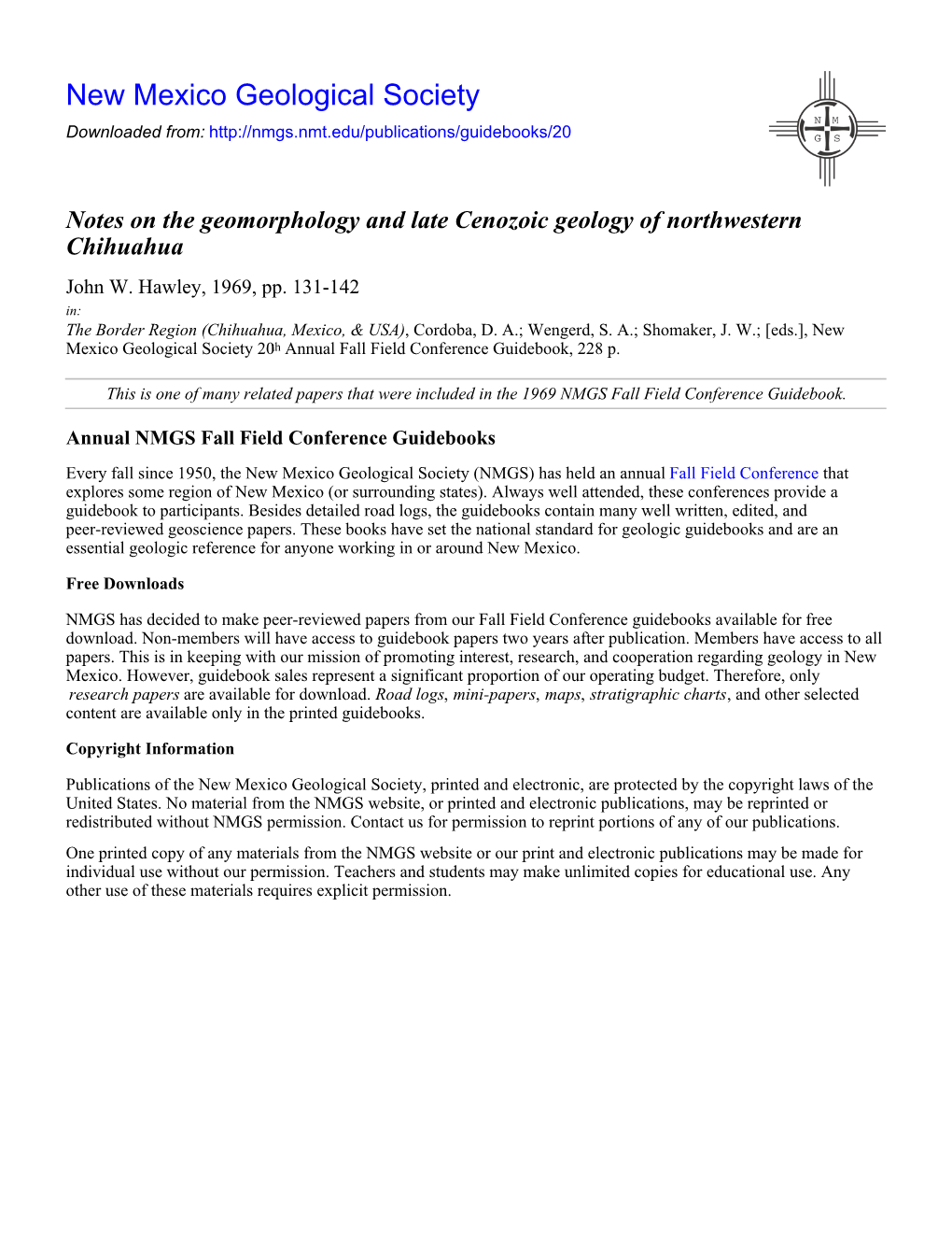 Notes on the Geomorphology and Late Cenozoic Geology of Northwestern Chihuahua John W