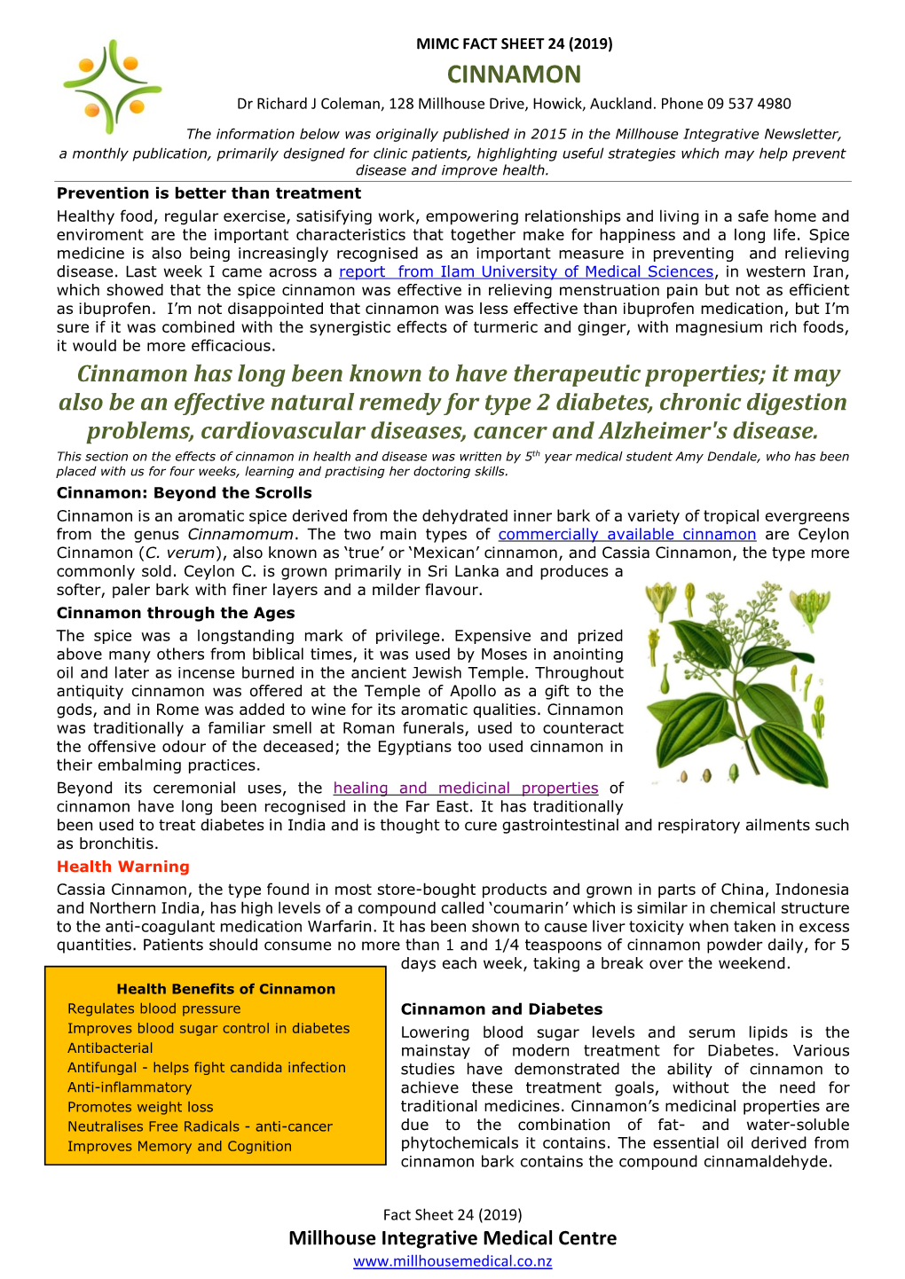 FACT SHEET 24 (2019) CINNAMON Dr Richard J Coleman, 128 Millhouse Drive, Howick, Auckland