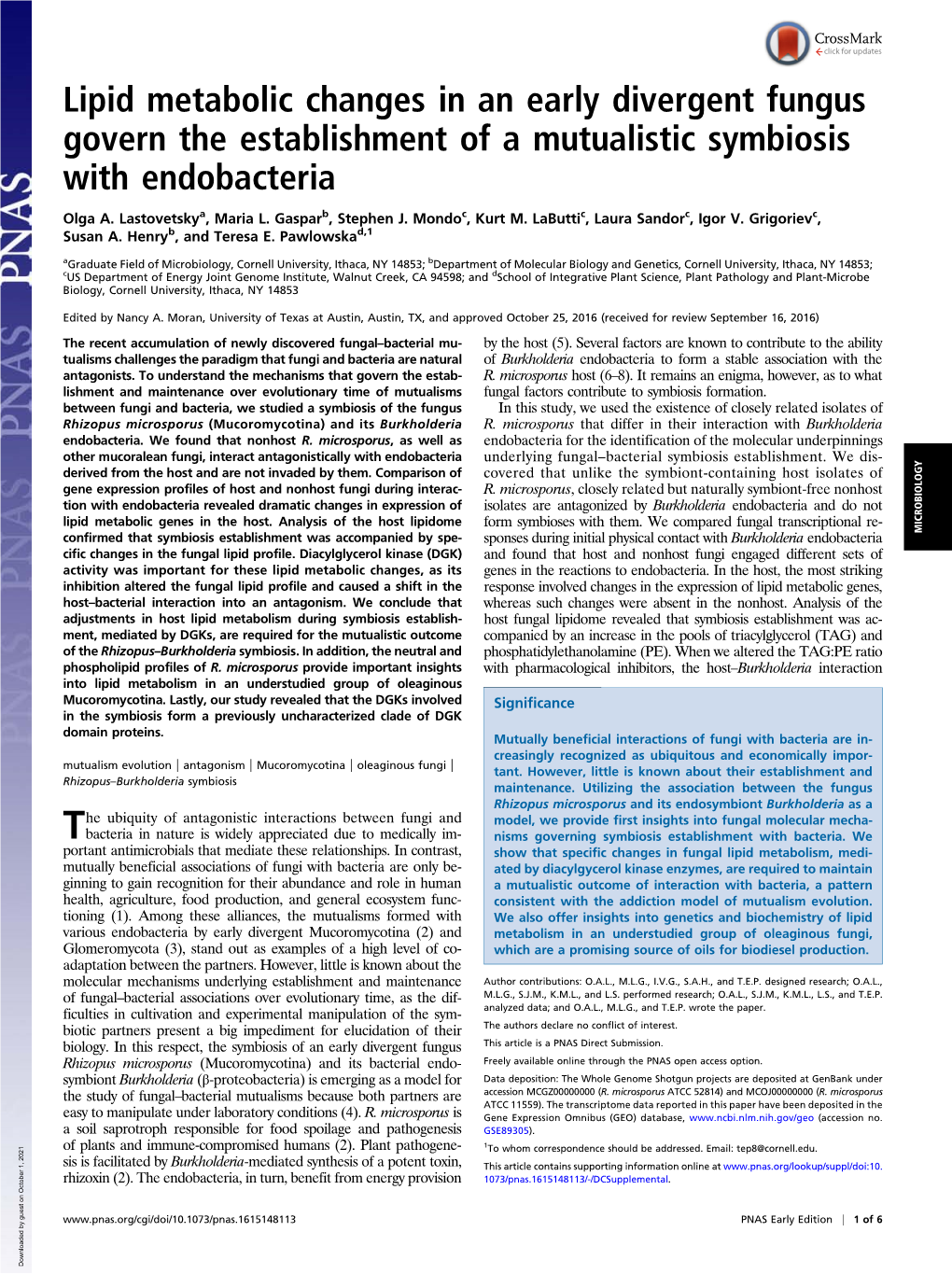 Lipid Metabolic Changes in an Early Divergent Fungus Govern the Establishment of a Mutualistic Symbiosis with Endobacteria