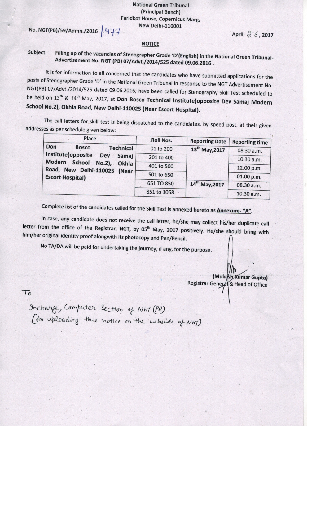 National Green Tribunal (Principal Bench) List of Eligible Candidates for the Skill Test of Steno Grade-Ii to Be Held on 13.05.2017 & 14.05.2017