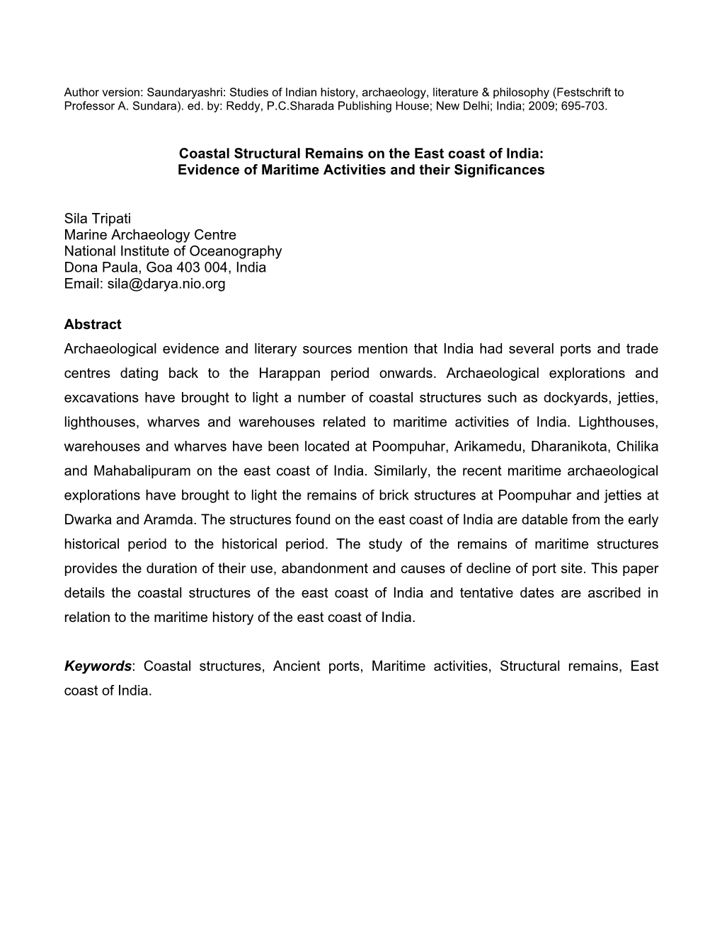 Coastal Structural Remains on the East Coast of India: Evidence of Maritime Activities and Their Significances