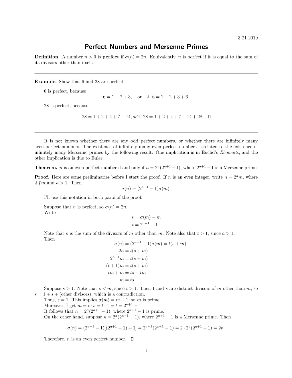 Perfect Numbers and Mersenne Primes