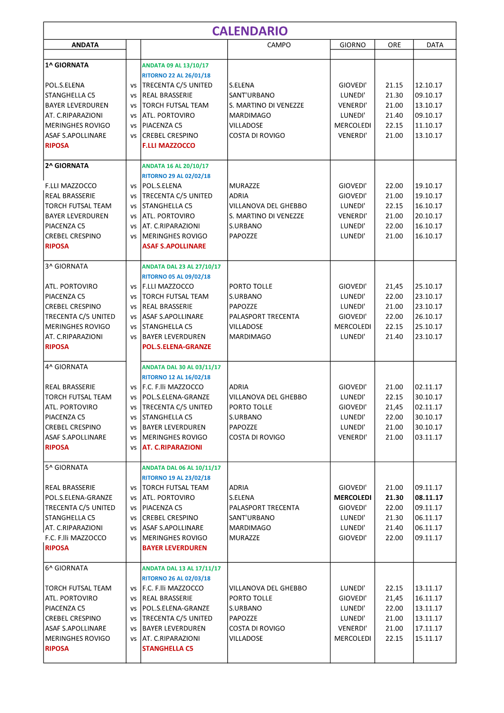 Calendario Girone Unico Rovigo