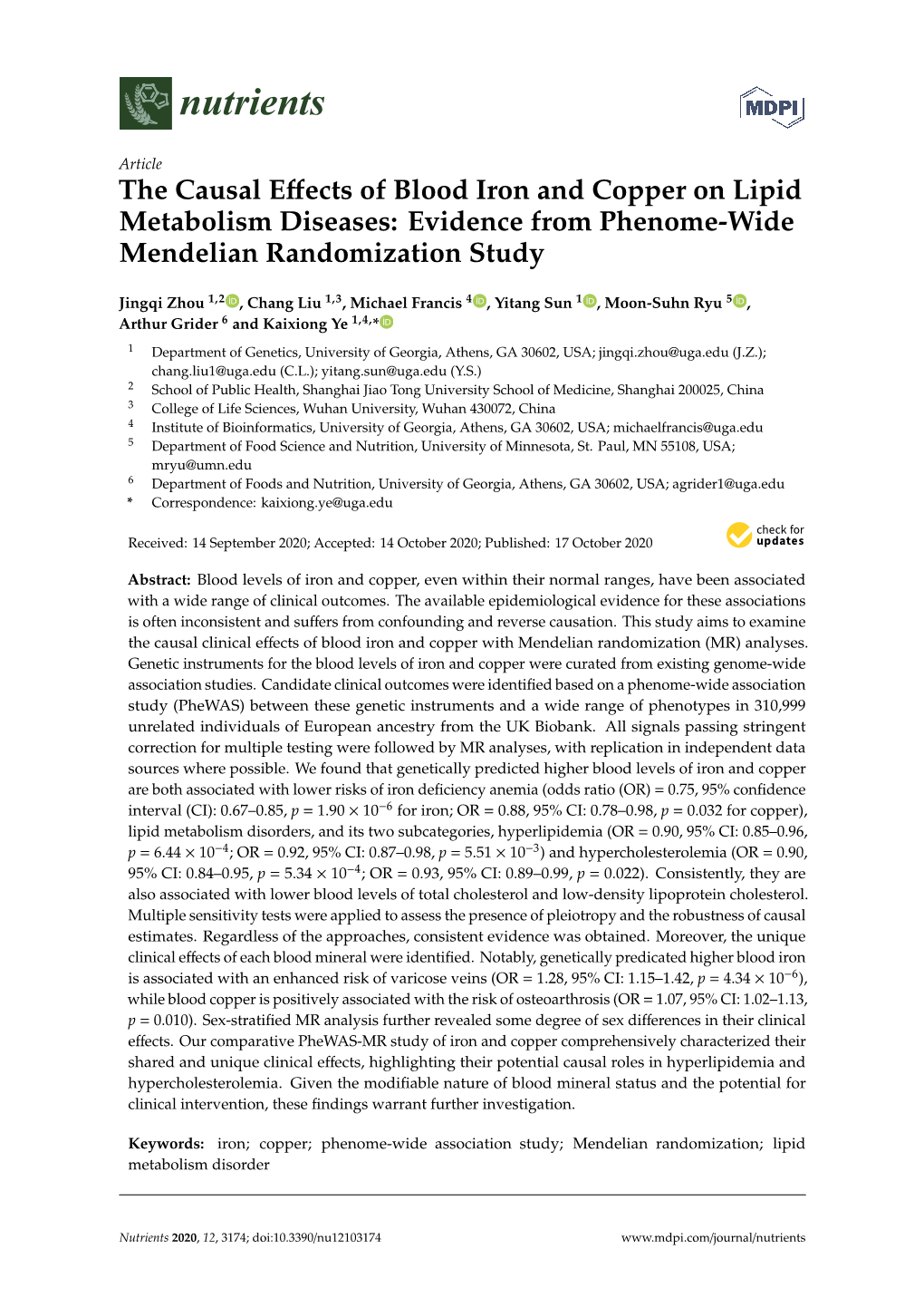 The Causal Effects of Blood Iron and Copper on Lipid Metabolism