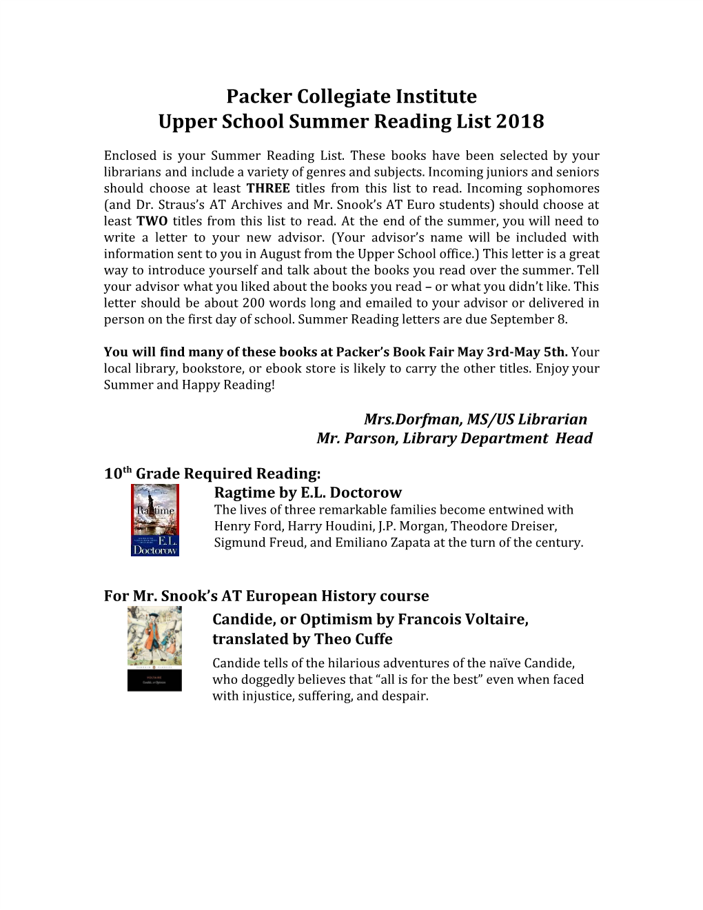 Packer Collegiate Institute Upper School Summer Reading List 2018