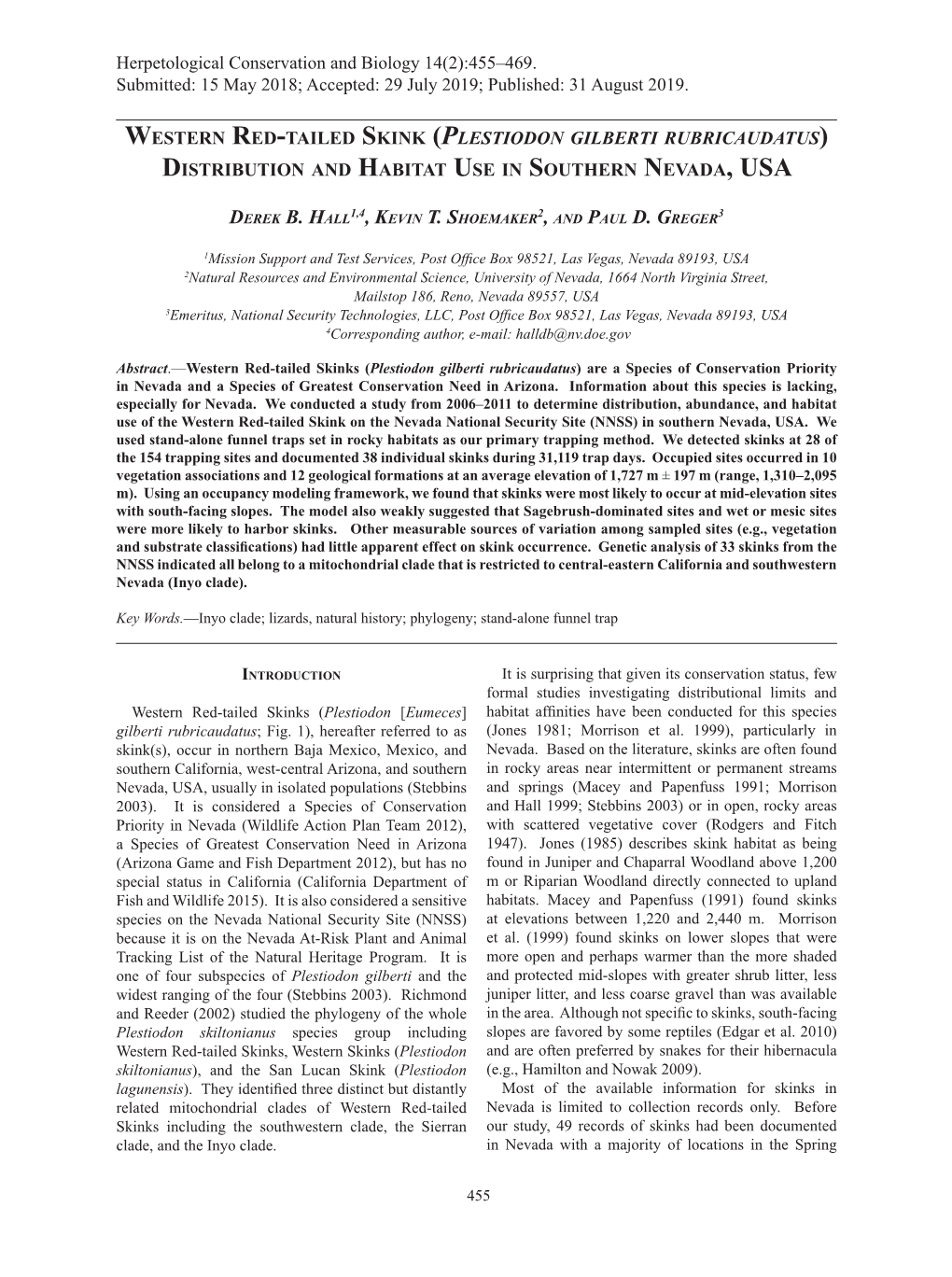 Western Red-Tailed Skink (Plestiodon Gilberti Rubricaudatus) Distribution and Habitat Use in Southern Nevada, USA